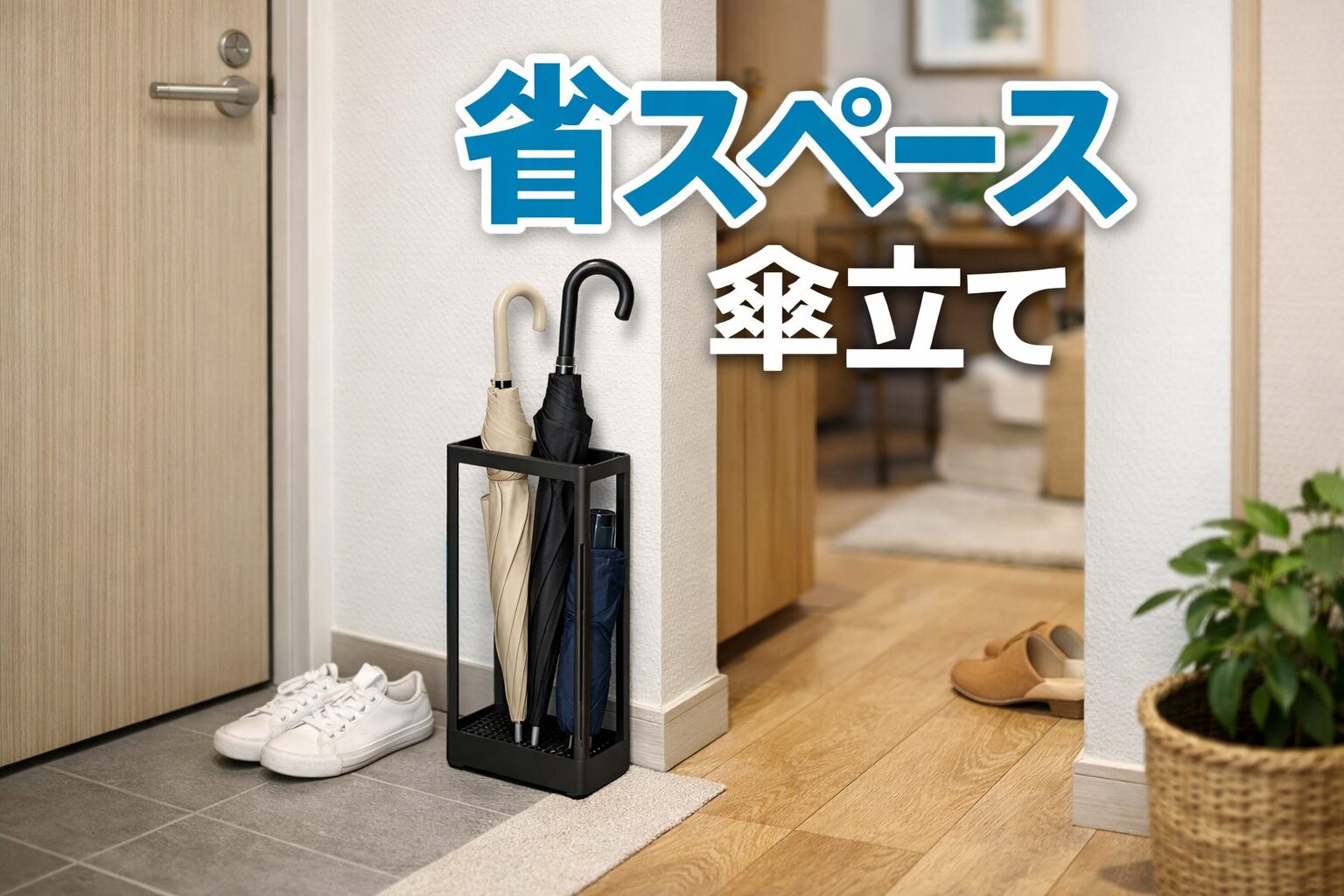 狭い玄関でも置ける省スペース傘立てを設置した一人暮らしの玄関
