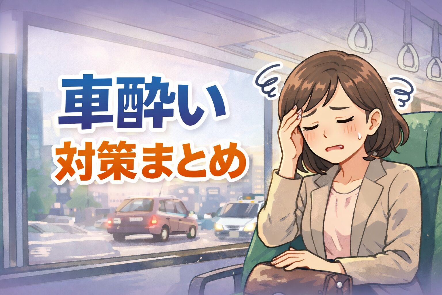 通勤バスで車酔いに悩む人向けの車酔い対策まとめを表したイラスト