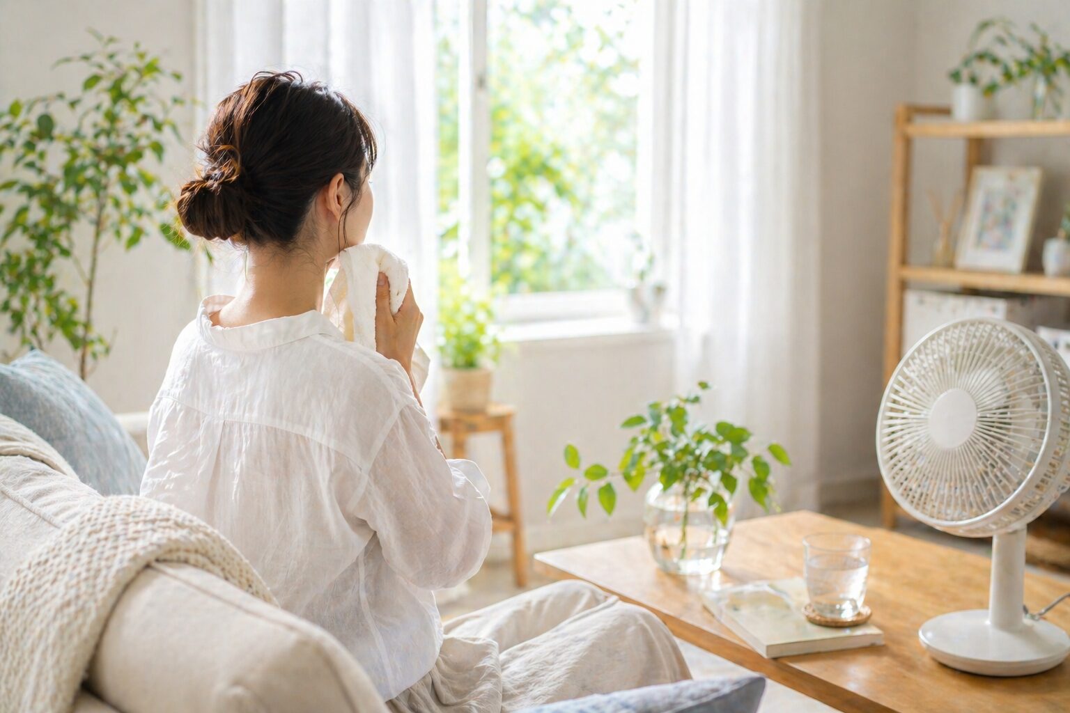 夏の明るい部屋で、タオルを手に涼みながら快適に過ごす女性の後ろ姿と扇風機のある暮らしのイメージ