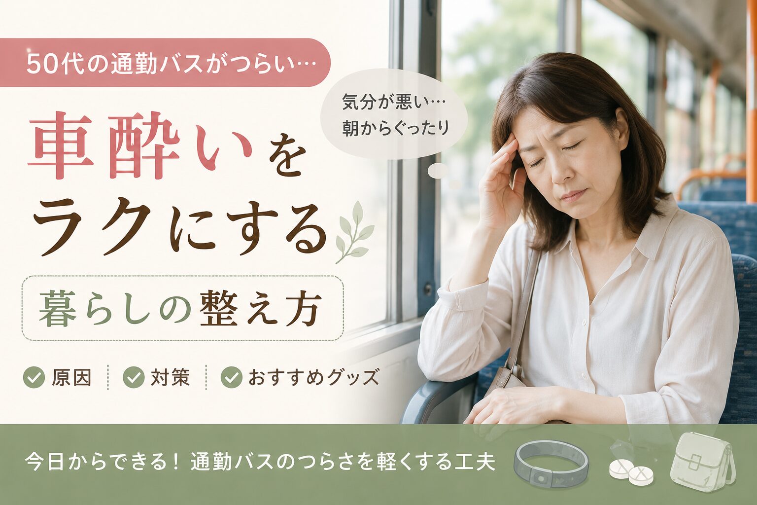 通勤バスの車内で窓の外を見ながら体調がすぐれない様子の女性と、やわらかい朝の光が差し込む落ち着いたイメージ