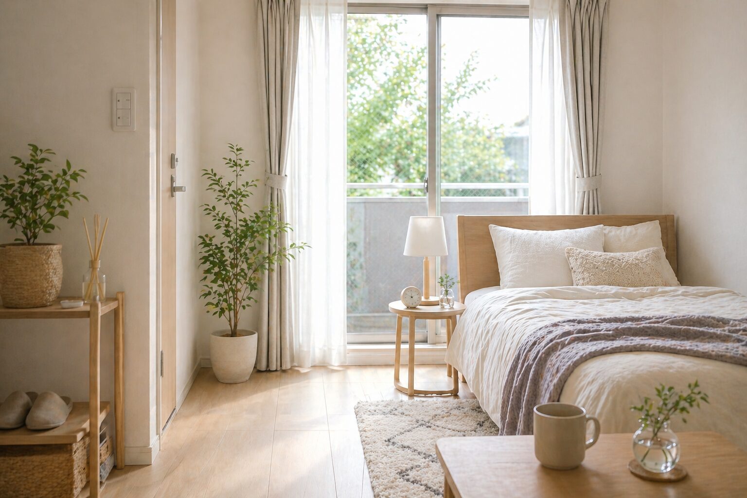 一人暮らしの明るく清潔な部屋で、ベッドまわりと窓辺が整った安心して暮らせる住空間のイメージ