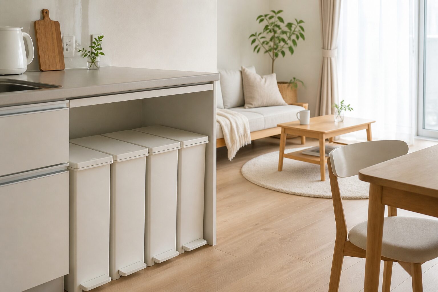 明るい一人暮らしの部屋で、キッチンカウンター下にスリムなゴミ箱が整然と収まっているナチュラルな暮らしのイメージ