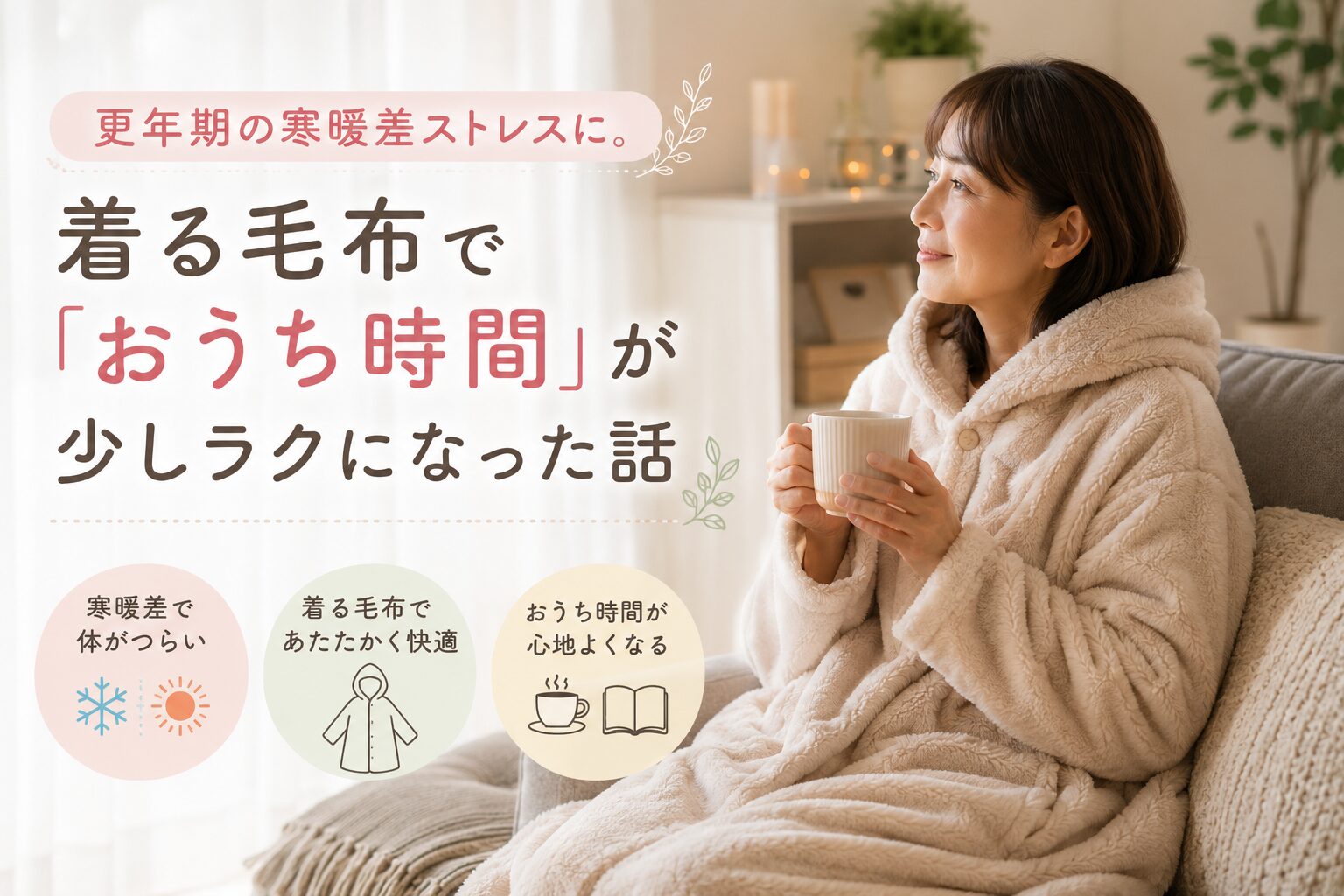ソファで温かく過ごす冬のおうち時間をイメージした、やさしい雰囲気の着る毛布アイキャッチ画像