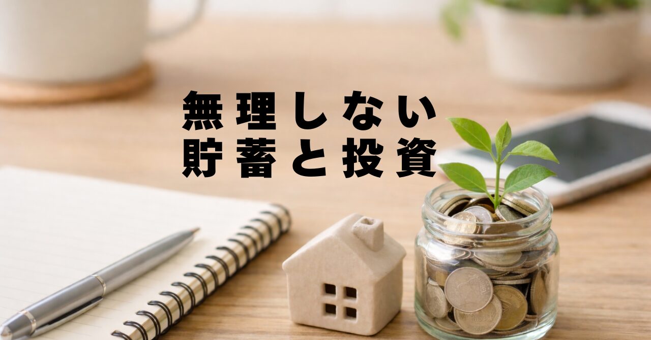 家計管理と貯蓄・投資をイメージした、ノートと小さな家、コインと芽が並ぶ木製テーブルの写真