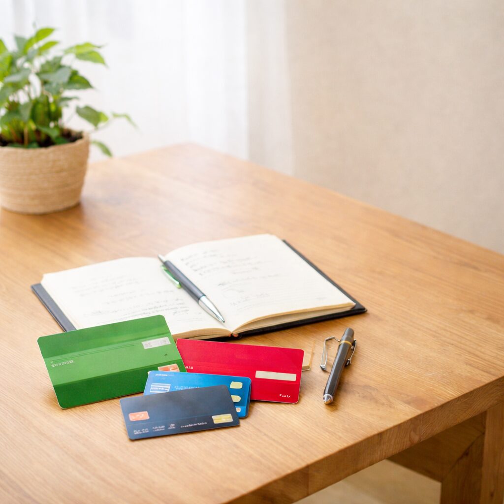 銀行口座の整理をするために通帳とカードを並べた家計管理のイメージ
