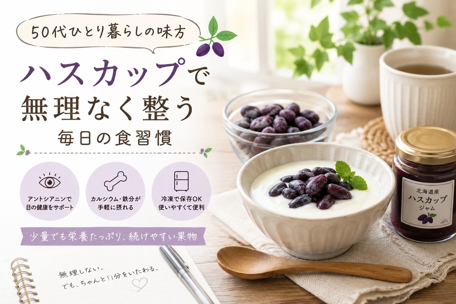 ハスカップ入りヨーグルトと温かい飲み物を並べた、50代ひとり暮らしの健康的な朝食イメージ