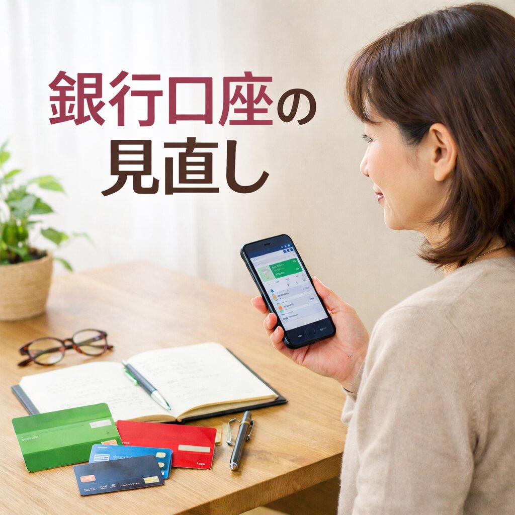 スマホで銀行口座を確認しながら家計管理を見直す50代女性