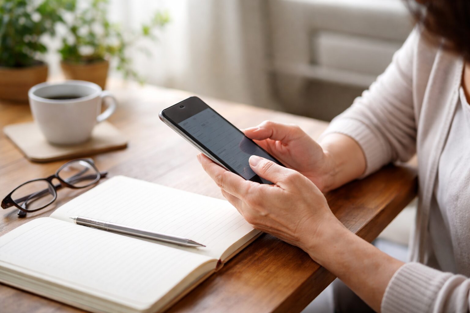 50代女性が自宅でスマホを使い、通信費の見直しを考えている様子