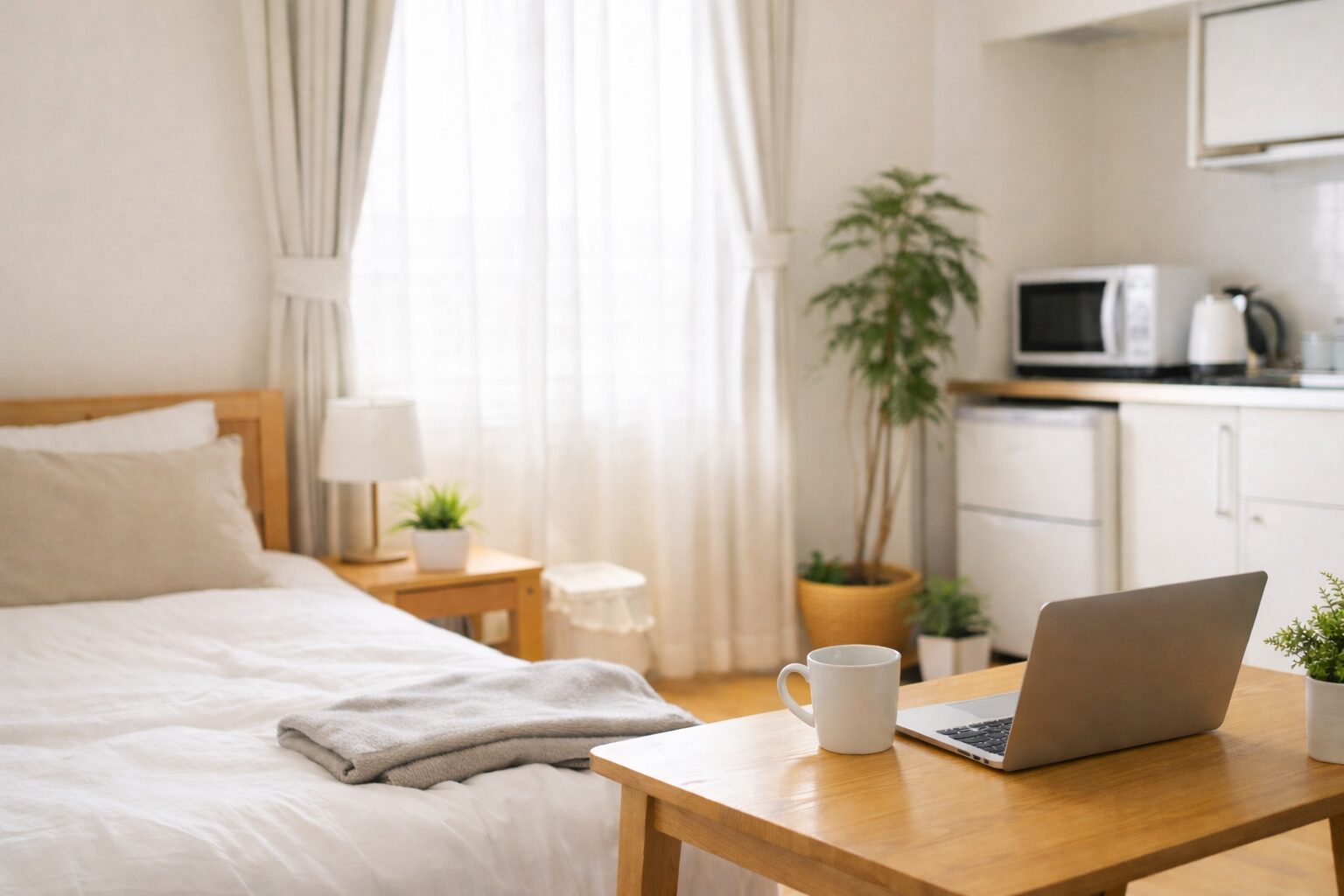 明るい自然光が入るワンルームの室内。ベッドとテーブル、観葉植物が置かれたシンプルで落ち着いたセカンドハウスの空間