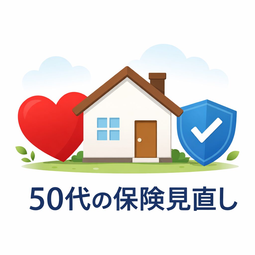 50代女性の保険見直しを表すシンプルな家と保険のイラスト