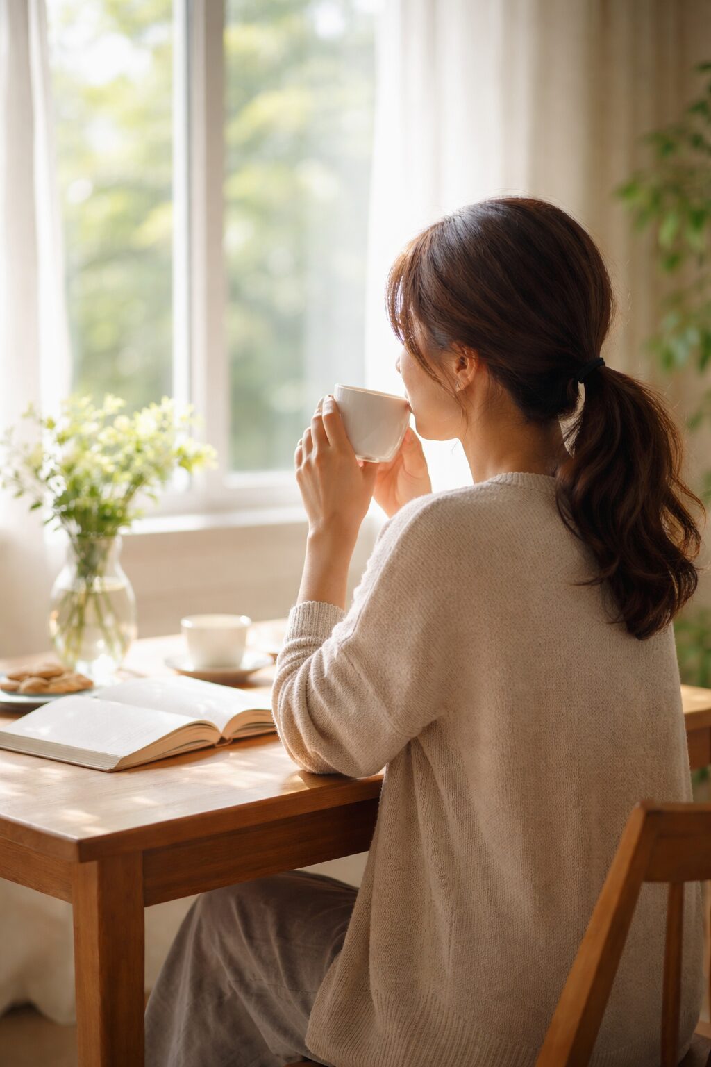 やわらかい自然光の入る窓辺で、髪をまとめた女性がコーヒーを飲みながら読書をしている後ろ姿