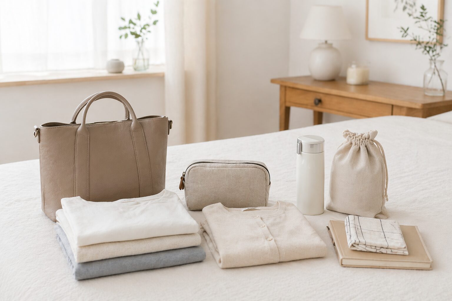 二拠点生活に向けて、少ない洋服とバッグ、ポーチ、日用品をベッドの上に整えて並べた身軽な暮らしのイメージ