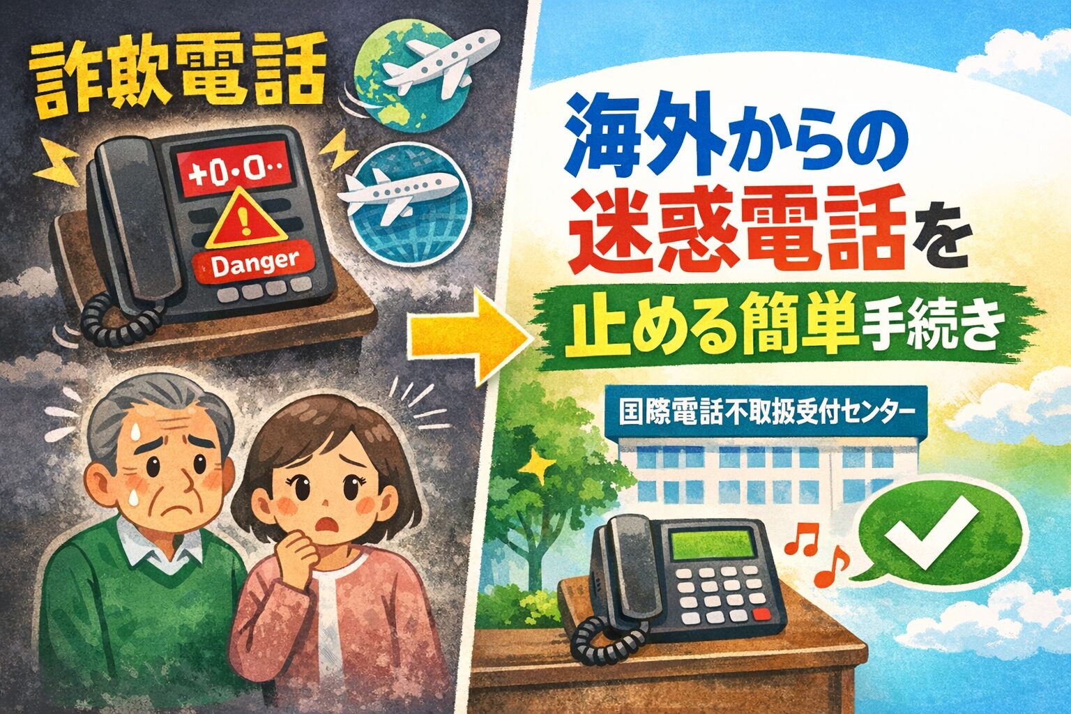 固定電話にかかる海外発の詐欺電話を防ぐための対策イメージ
