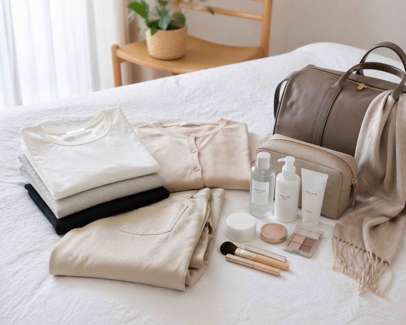 二拠点生活に向けて、ベッドの上にシンプルな洋服と化粧品、バッグを整えて並べた暮らしのイメージ