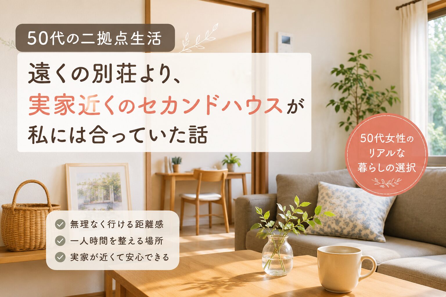 実家近くのセカンドハウスで、静かなひとり時間を過ごす50代女性の暮らしをイメージした室内風景