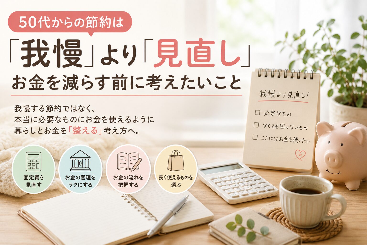 50代からの節約を考える女性の暮らしと家計管理をイメージしたデスクと貯金箱の画像